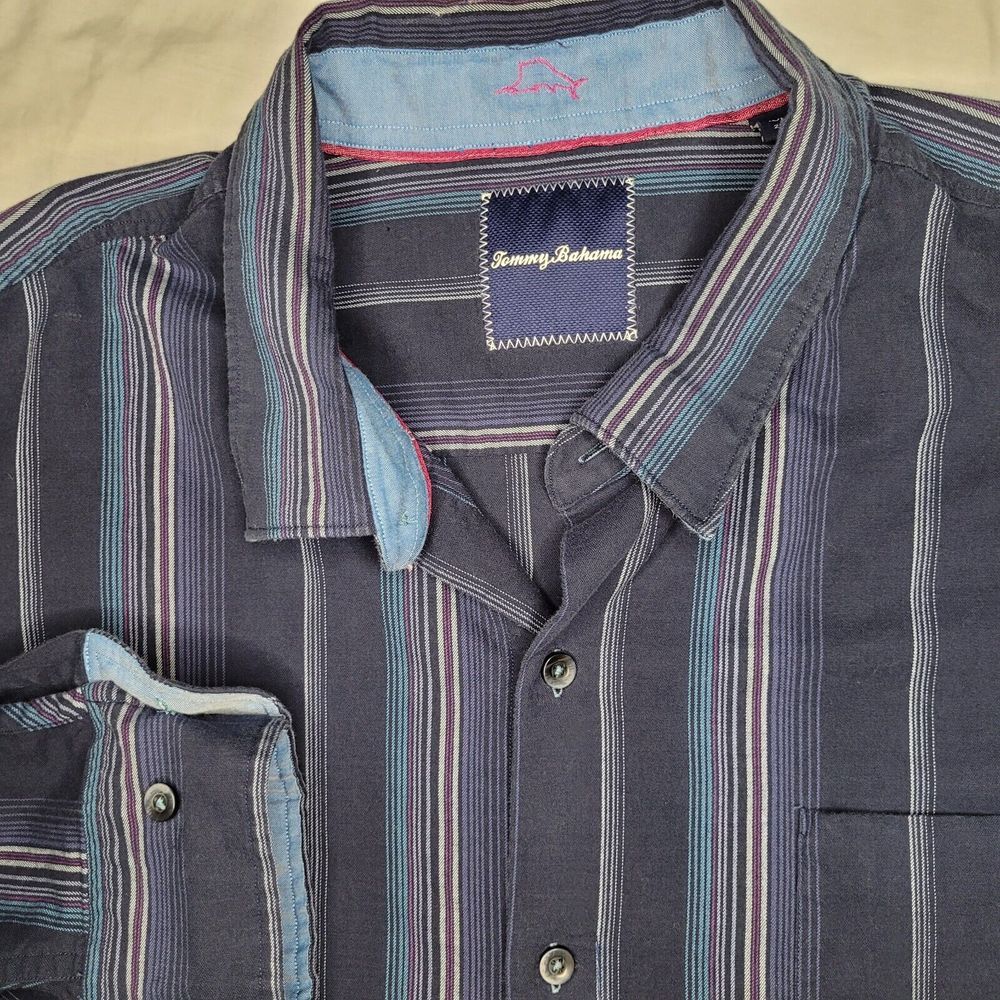 Tommy Bahama Button Down Long Sleeve Cotton Silk Spandex Blend XXL Navy‎ Striped